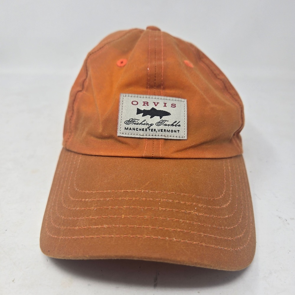Orvis Hat Waxed Cotton Orange OSFA Fishing Tackle Hook Adjustable Strapback Cap